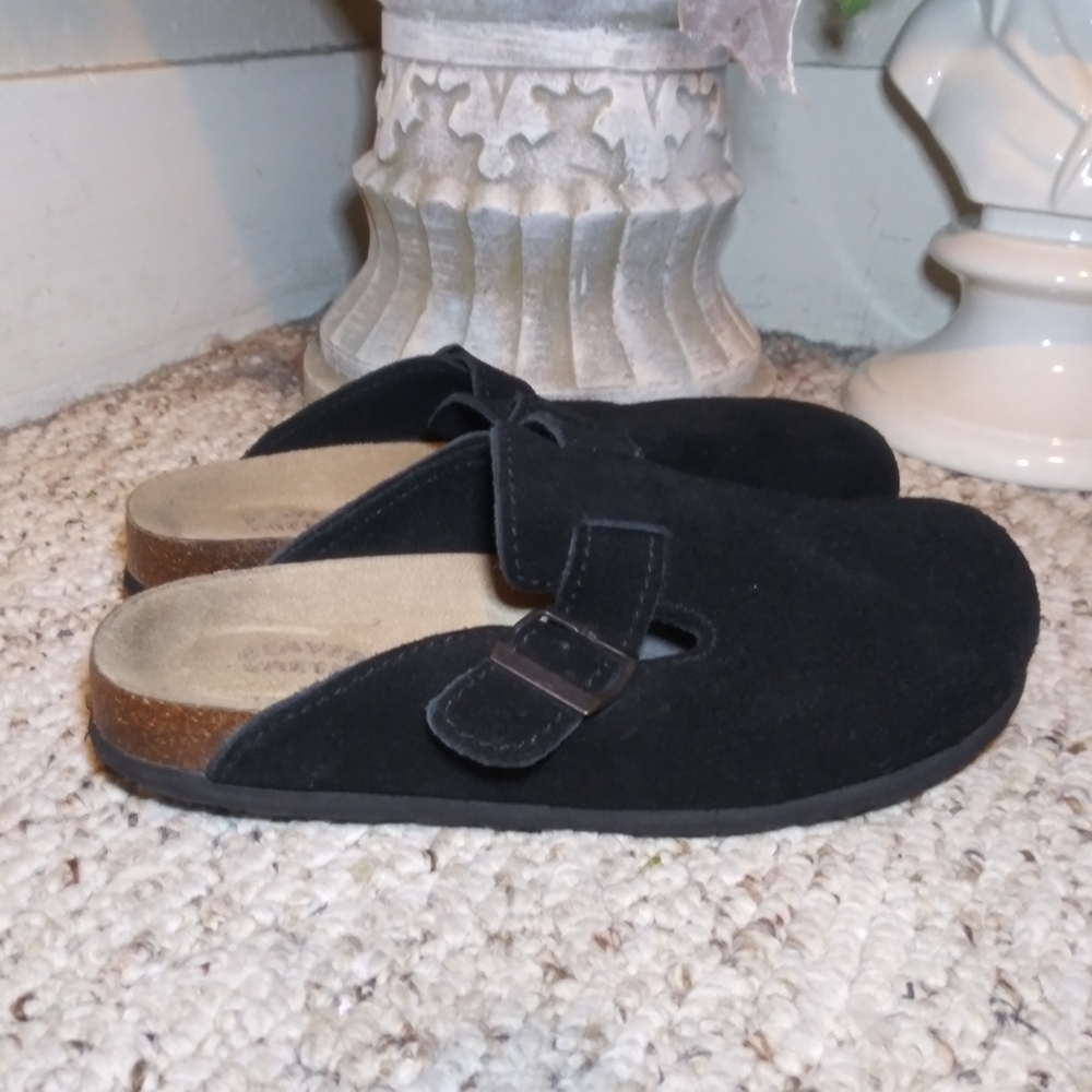 Beaver Creek Black Suede Buckle Strap Clogs